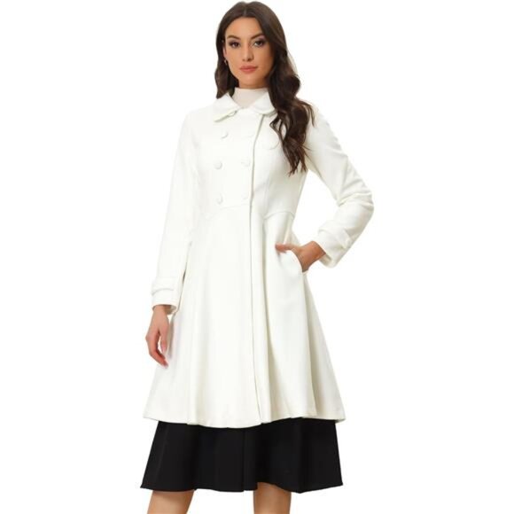 Women's Winter Coat Overcoat Lapel Collar Long Swing A Line White - Picture 1 of 5